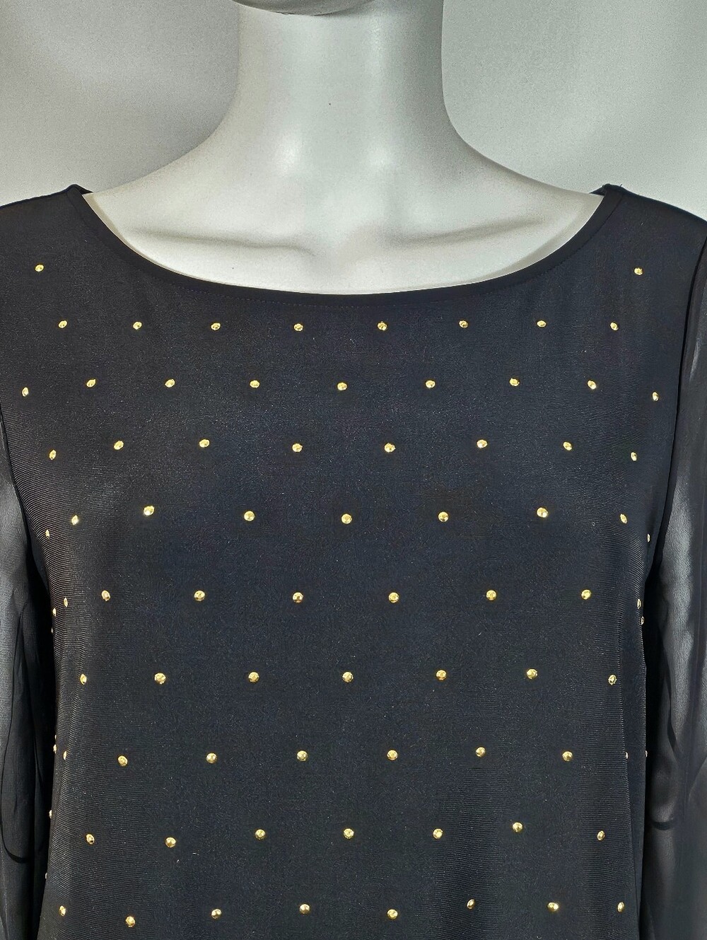 White House Black Market Sheer Long Sleeve Gold Studded Shift Cocktail Dress - Picture 5 of 15